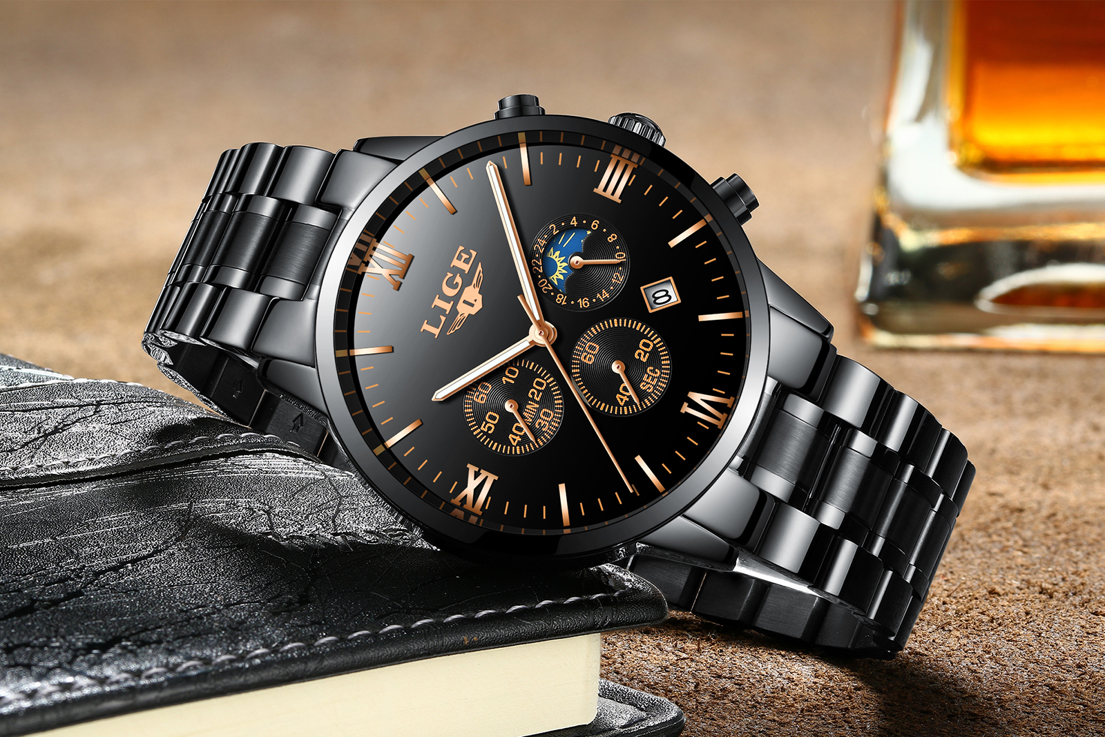 LIGE 9831 D Top Brand Luxury  Men Fashion Sports Quartz Clock Black dial