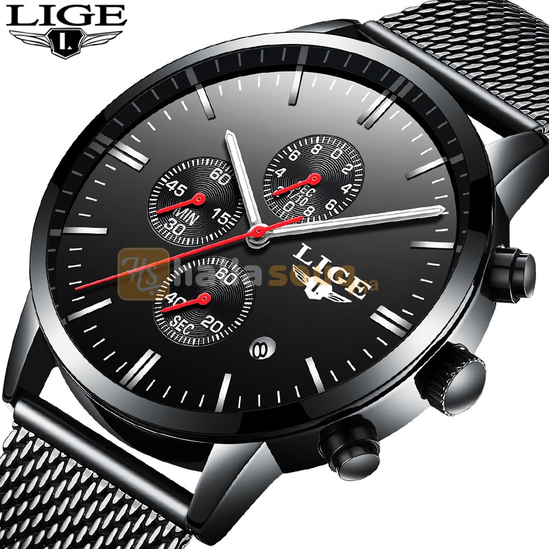 LIGE 9834 B Chronograph Men's Quartz-Watch Stainless Steel Multi-function Sports Wrist Watches