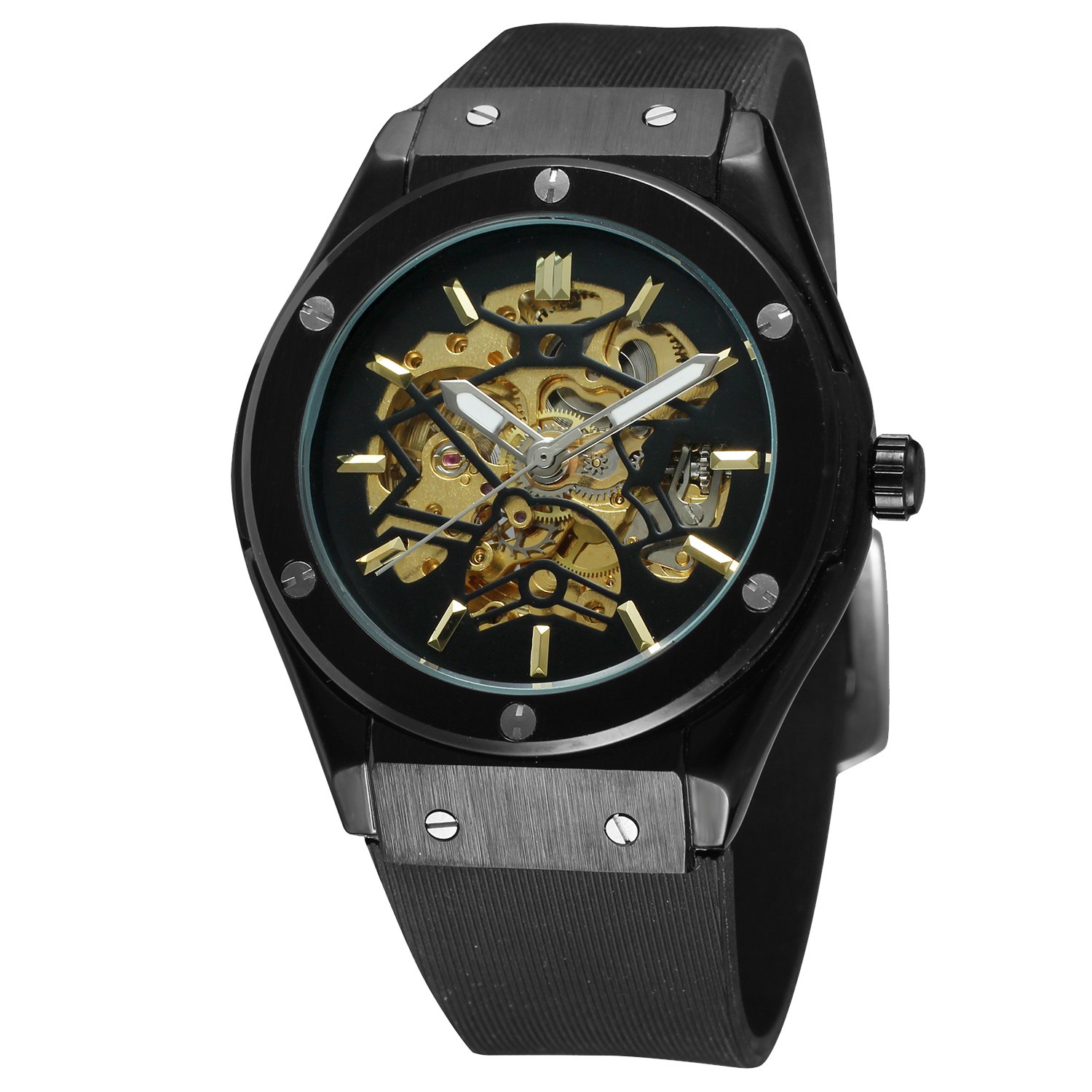 FRS 011 Luxury Mechanical Watches Mens Skeleton Silicone Rubber Strap Wristwatch Military Army Sport Brand Automatic Watch Rose Gold@139 QAR