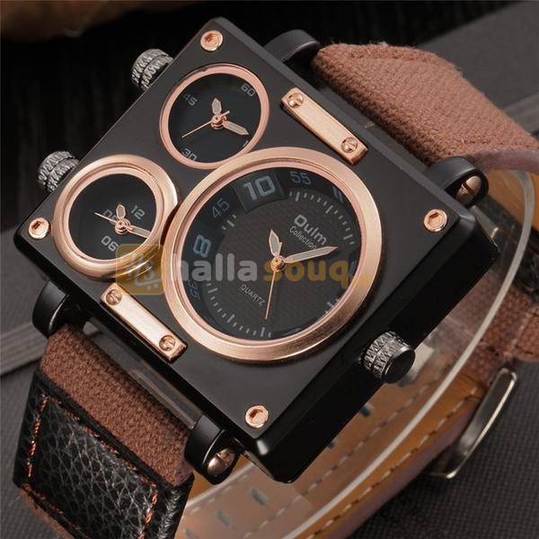 OM 003 Oulm Men Three Movt Quartz Watch Rectangle Dial Canvas + Leather Band Wristwatch