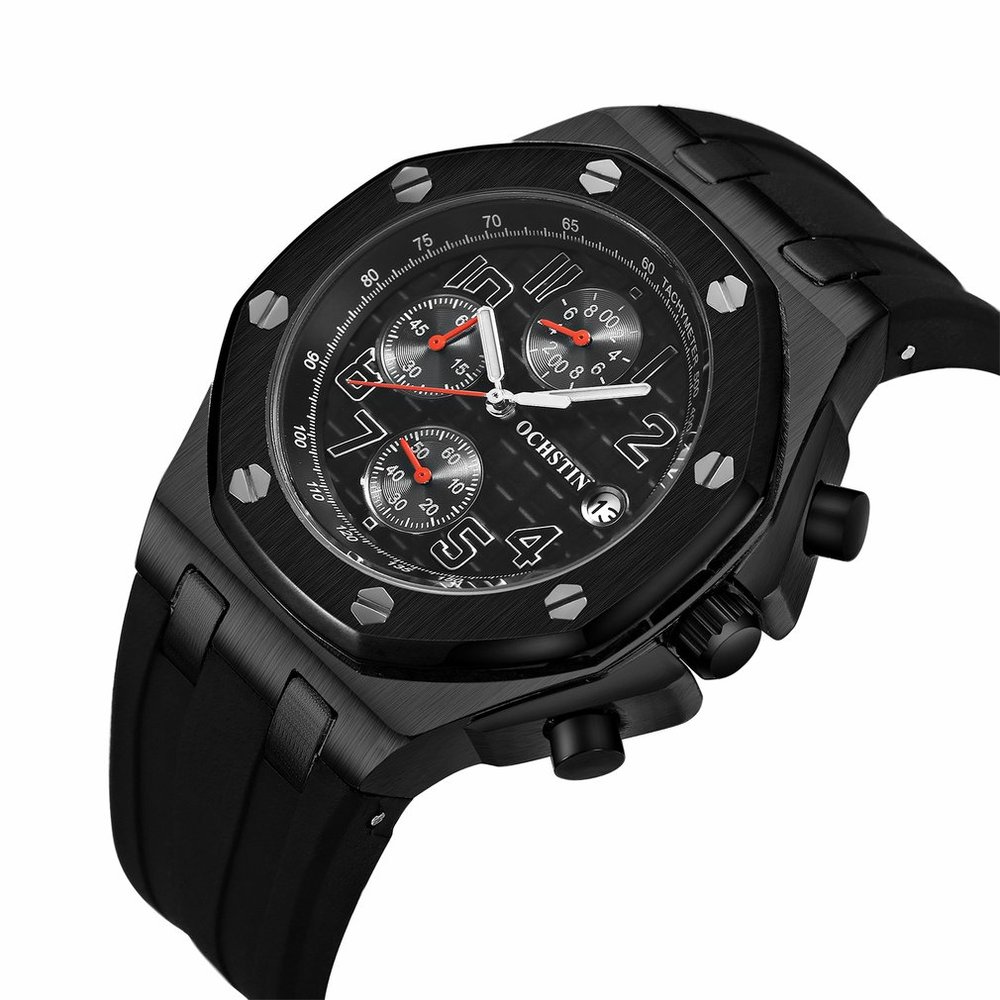 OCHSTIN RED DIAL Analog Quartz Watch Men Male Casual Fashion Sport Wristwatch Genuine Leather Strap Band Business Wrist Men Watch 6100