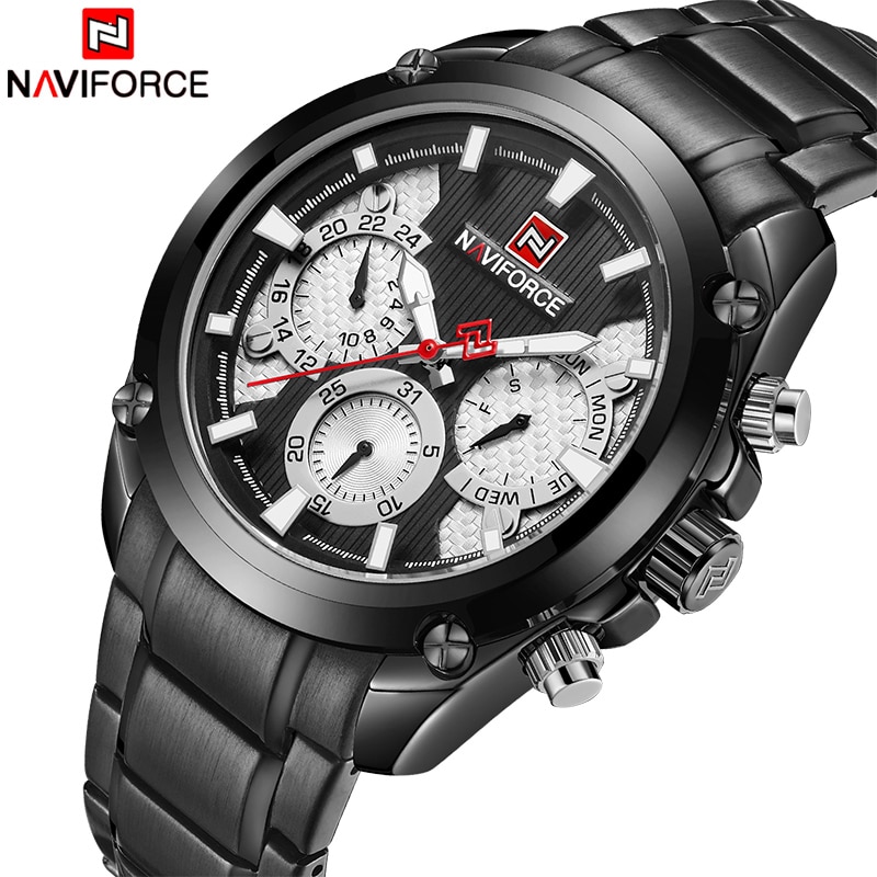NAVIFORCE NF 9113 Men's watch Waterproof Stainless Steel Chronograph Watch Day & Date Display 24 Hours Format