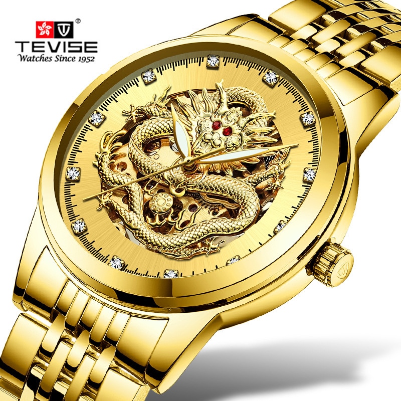 TEVISE 9006B Mens Watch 3D Gold Dragon Automatic Watch Rhinestone Luxury Self-Wind Mechanical Watches Luminous