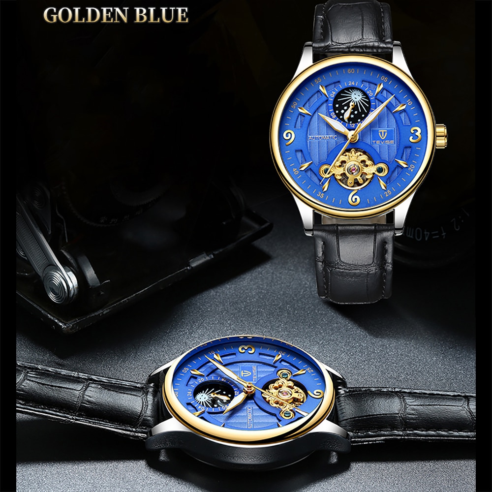 TEVISE 820B Luxury Waterproof Automatic Watch Moon Phase Luminous Self-Winding Man Casual Wristwatch Leather