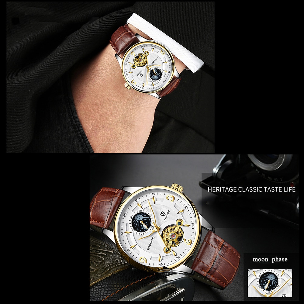 TEVISE 820B Luxury Waterproof Automatic Watch Moon Phase Luminous Self-Winding Man Casual Wristwatch Leather