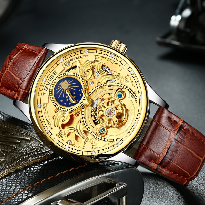 TEVISE 820A Luxury Tourbillon Automatic Mechanical Watches Men Self Wind Business Genuine Leather Moon Phase Wristwatches