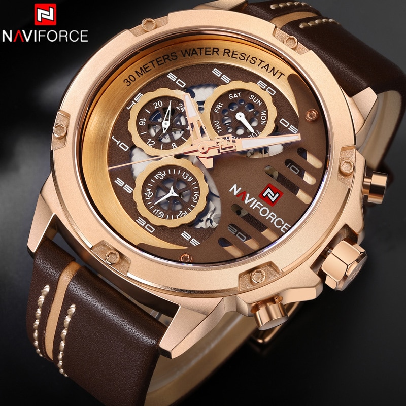 NAVIFORCE NF 9110 Men's Watch Genuine Leather Multi Functional - Brown Rose Gold