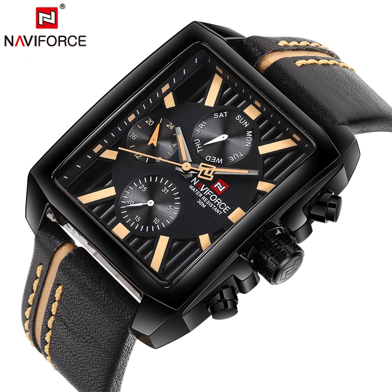 NAVIFORCE NF 9111 Men's Watch Leather Strap Square Analog Quartz Chronograph Waterproof Wrist Watch