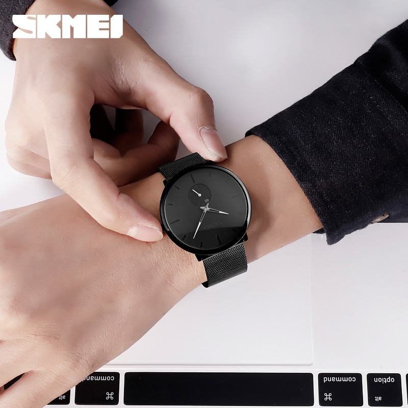 SKMEI SK 9185 Fashion Men's Watch  30M Water resistant Black Metal Mesh Band Analog Quartz White