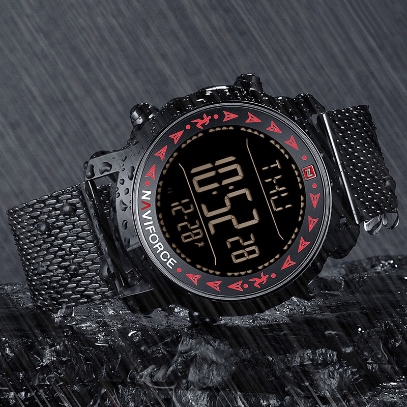 NAVIFORCE NF 9130 Men's Digital LED Pedometer Waterproof Stainless Steel Watch-RED