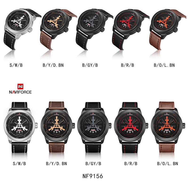 NAVIFORCE NF 9156 Men's Watch Sport Waterproof Wristwatch Leather Band Quartz - RED