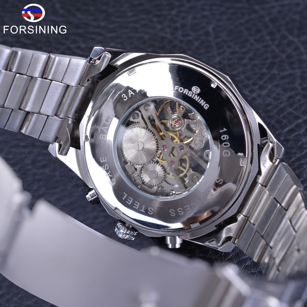 FRS 017 Forsining Stainless Steel Men's Skeleton Watches Top Brand Luxury Transparent Mechanical Male Wrist Watch - Silver
