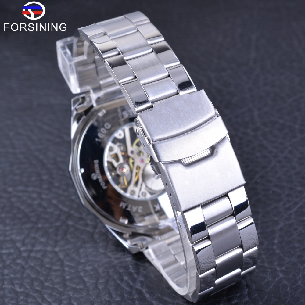 FRS 017 Forsining Stainless Steel Men's Skeleton Watches Top Brand Luxury Transparent Mechanical Male Wrist Watch - Black
