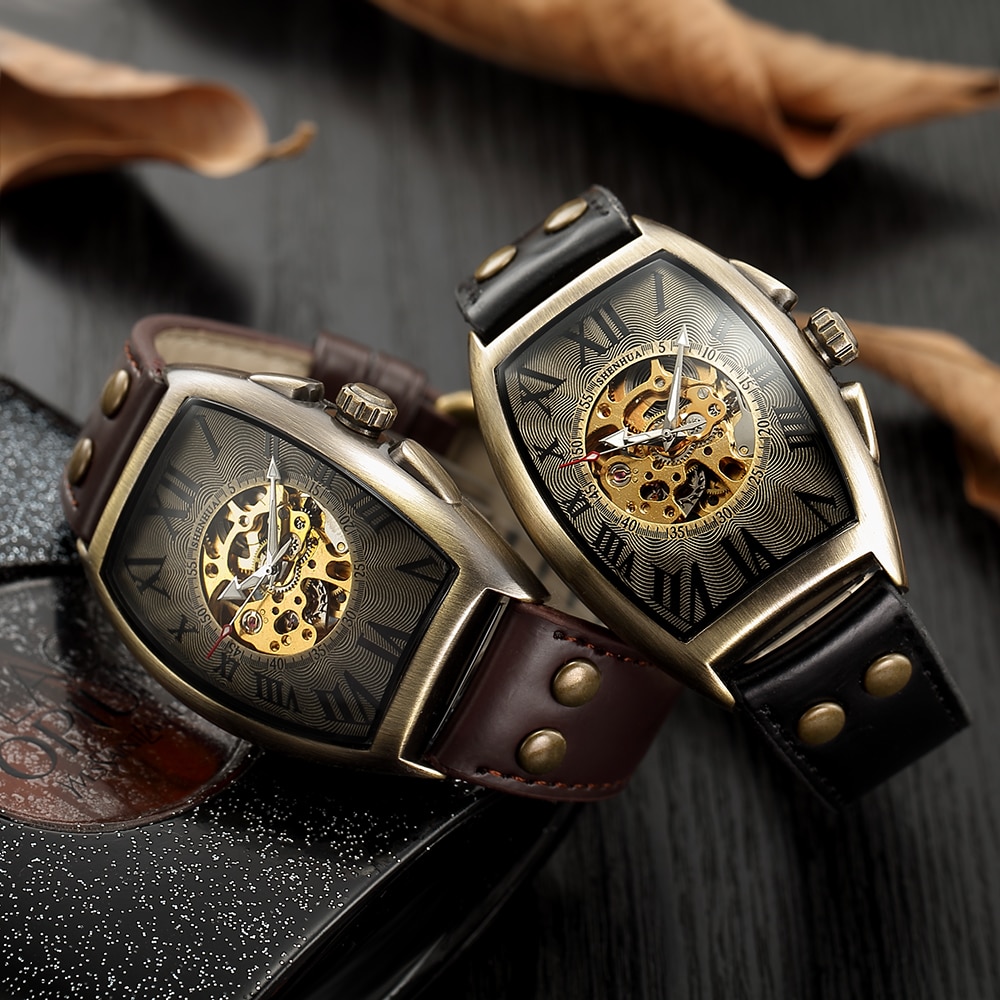 SH 9268 SHENHUA Top Luxury Brand Fashion Barrel Type Leather Bronze Watch band Mens Automatic Mechanical Watch Sport Watches Male Clock