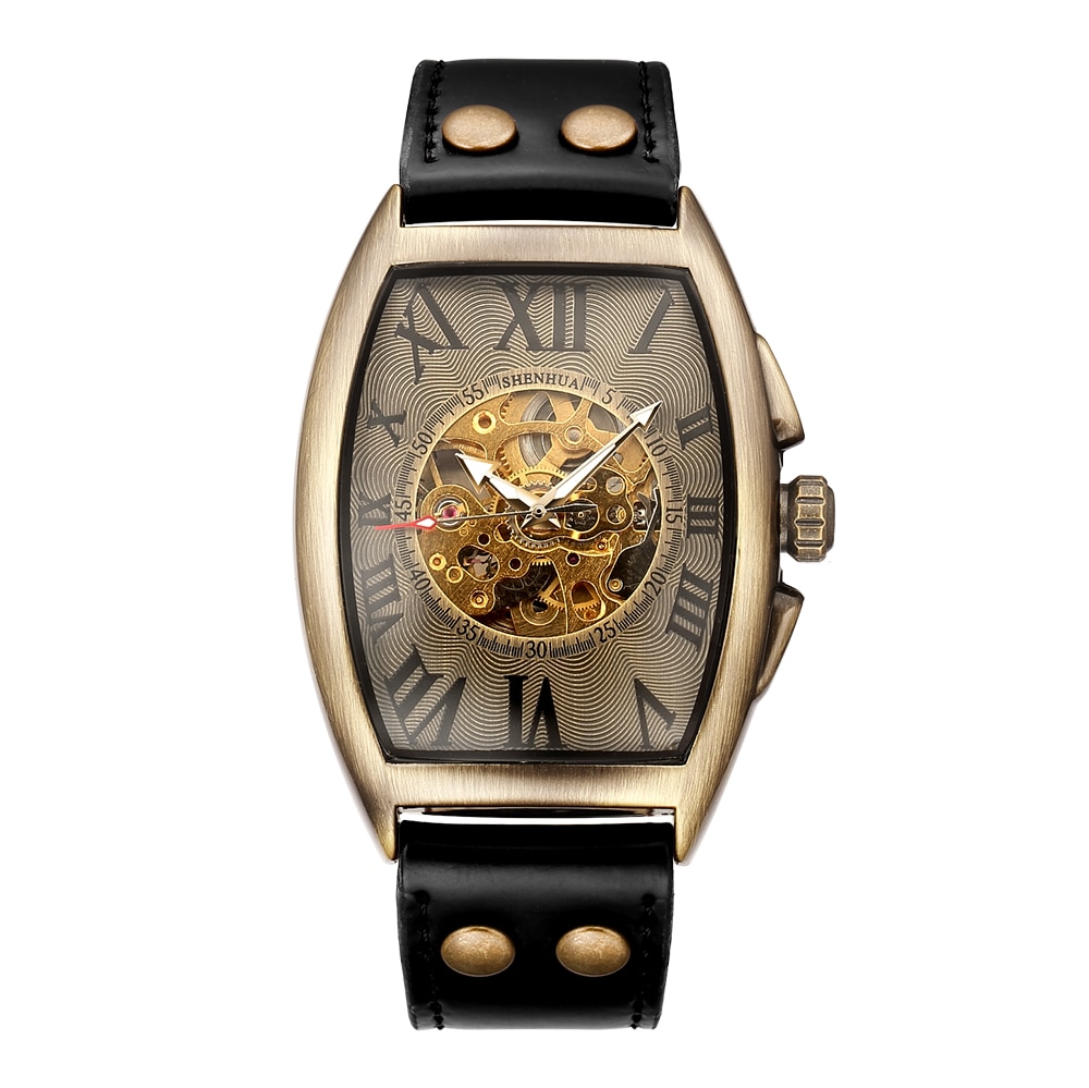 SH 9268 SHENHUA Top Luxury Brand Fashion Barrel Type Leather Bronze Watch band Mens Automatic Mechanical Watch Sport Watches Male Clock