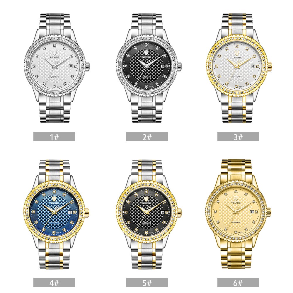 TEVISE 807A watch Men Fashion clock Automatic Mechanical Wrist Watch Luxury Diamond Calendar Waterproof Stainless Steel Watches