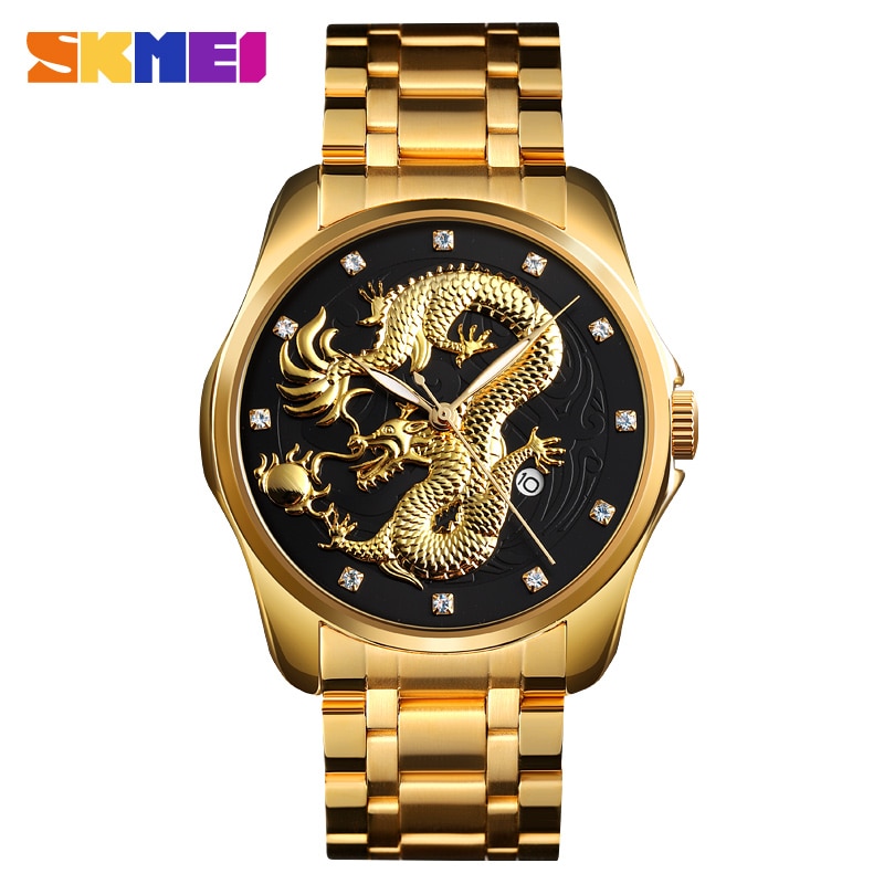 SKMEI SK 9193 Dragon Series Analog watch for Man Water resistant  Stainless Steel Wristwatch Silver Black