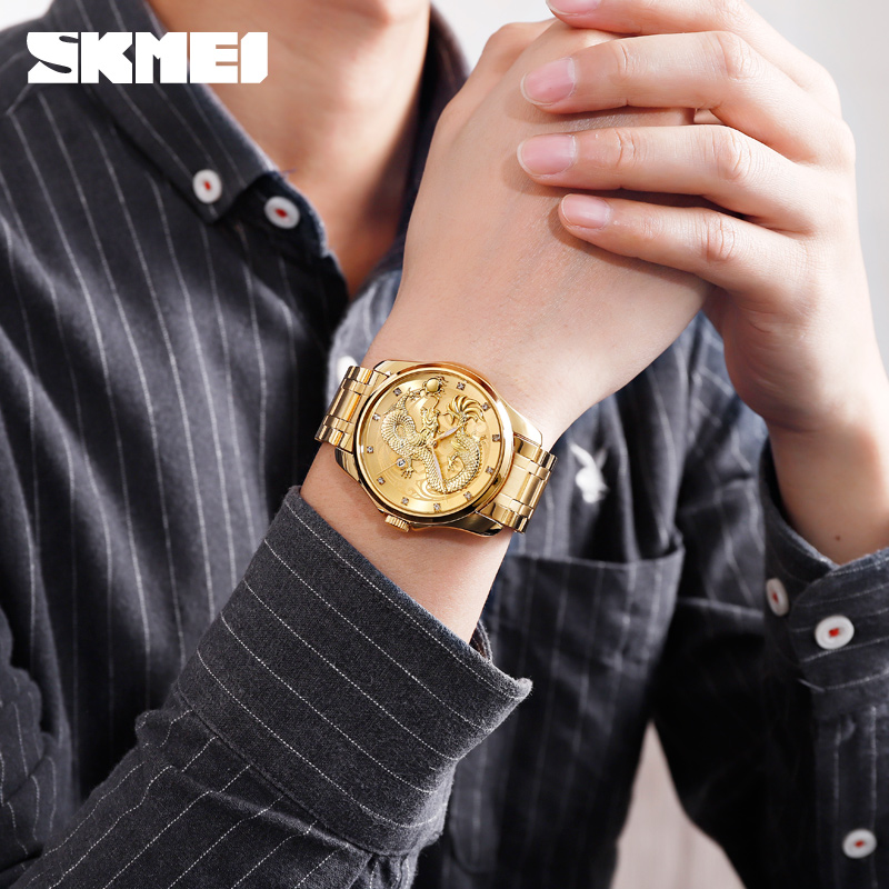 SKMEI SK 9193 Dragon Series Analog watch for Man Water resistant  Stainless Steel Wristwatch Gold Gold