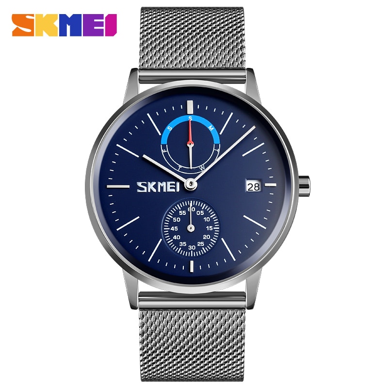 SKMEI SK 9182 Fashion Quartz Men Watch Luxury Brand Waterproof Stainless Steel Strap Silver