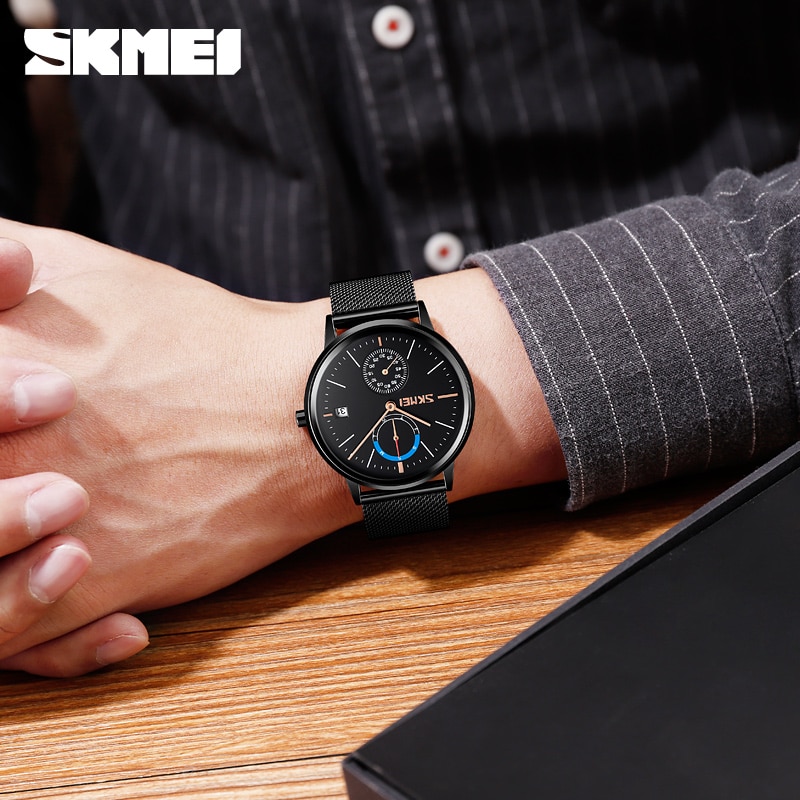 SKMEI SK 9182 Fashion Quartz Men Watch Luxury Brand Waterproof Stainless Steel Strap Black