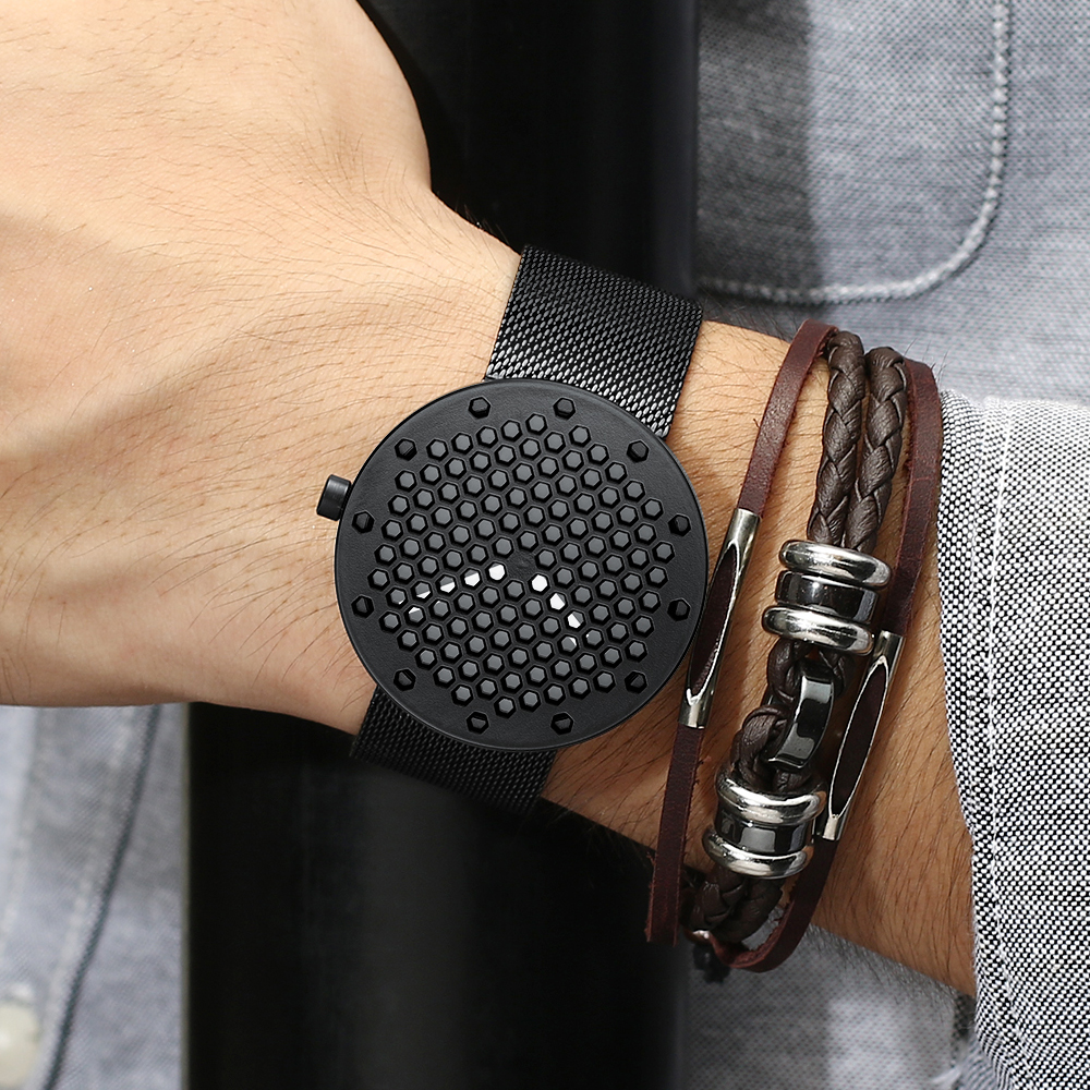 CRRJU 2143 Fashion Mens Black  Full Steel Mesh Band Wrist Watch with bracelet