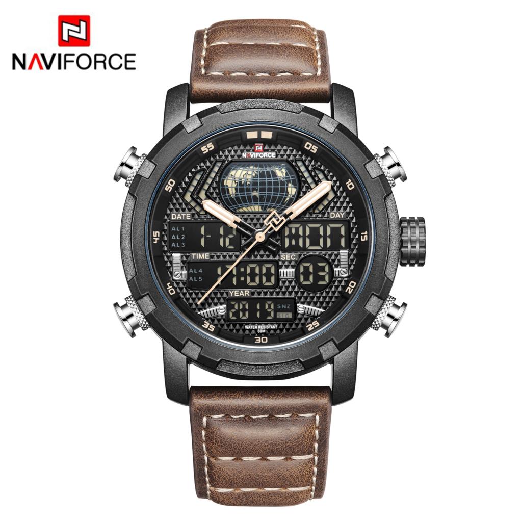 NAVIFORCE NF 9160 Men's Watch Leather Strap Waterproof Military Dual Display Wrist Watch-Black Red