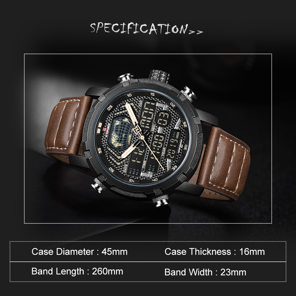 NAVIFORCE NF 9160 Men's Watch Leather Strap Waterproof Military Dual Display Wrist Watch-Brown Orange