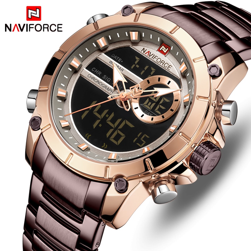 NAVIFORCE NF 9163 Men's Watch  Chronograph Stainless Steel Analog Digital Wrist Watch Led Back light Multifunction Waterproof-Blue Rose Gold