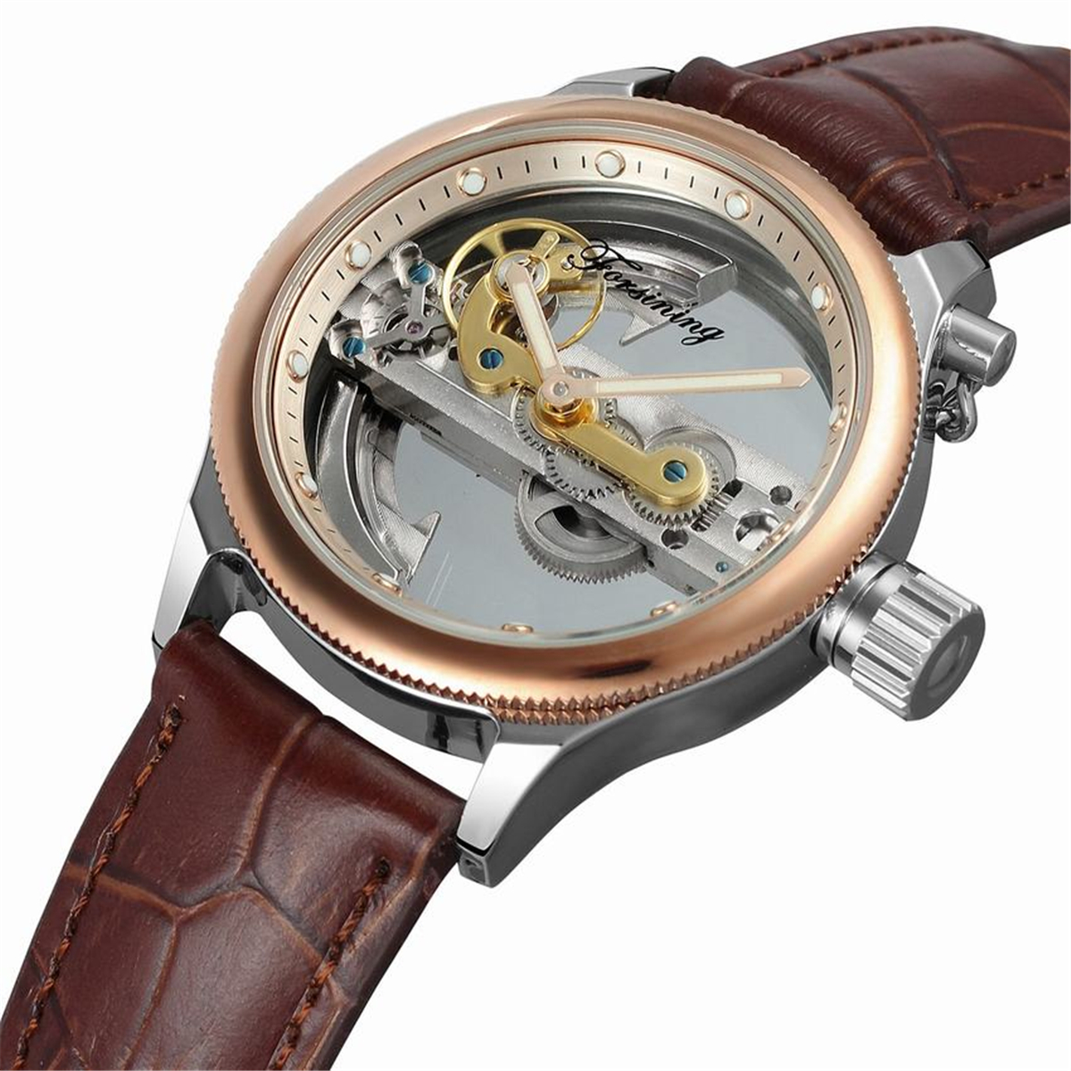 FRS 013 FORSINING Rose Gold Hollow Automatic Mechanical Watches Men Luxury Leather Strap Vintage Skeleton Watch