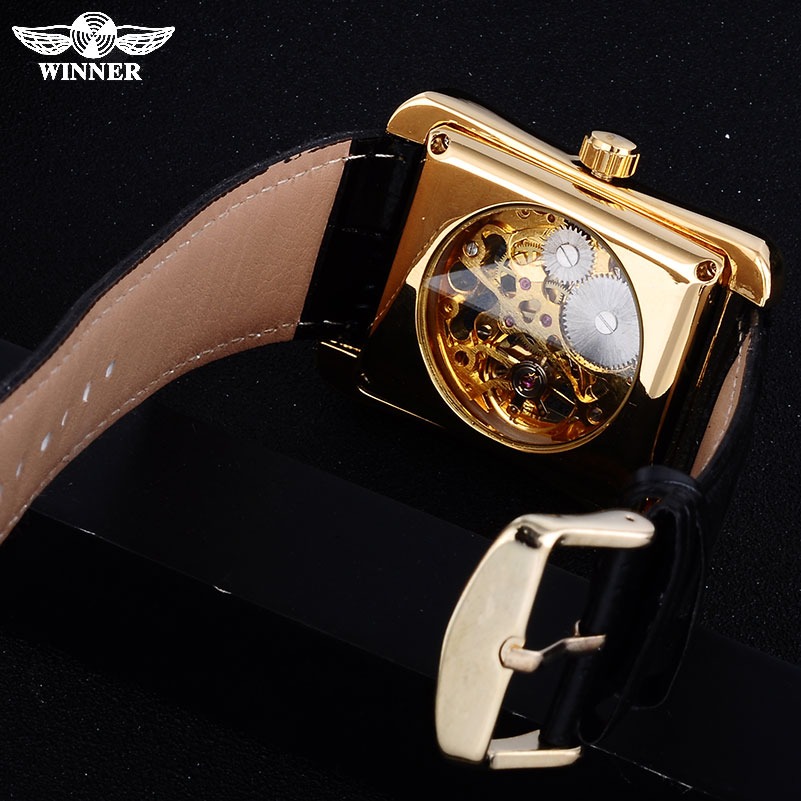 WN 010 WINNER Golden Mechanical Mens Watches Top Brand Luxury Skeleton Tonneau Dial Leather Strap Fashion Vintage Wrist Watches