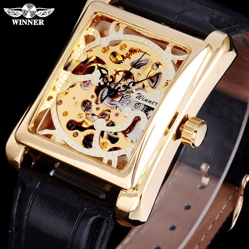 WN 010 WINNER Golden Mechanical Mens Watches Top Brand Luxury Skeleton Tonneau Dial Leather Strap Fashion Vintage Wrist Watches