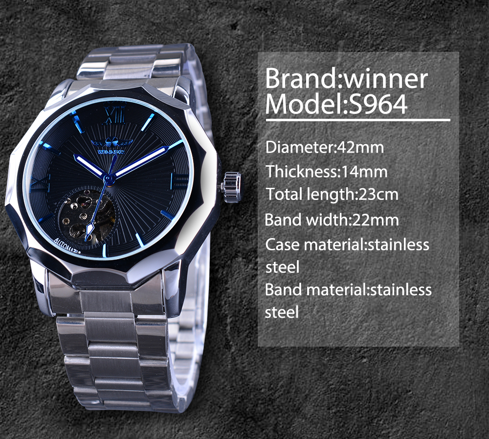 WN 003 Winner Blue Ocean Geometry Design Stainless Steel Luxury Small Dial Skeleton Mens Watches Top Brand Luxury Automatic Wrist Watch