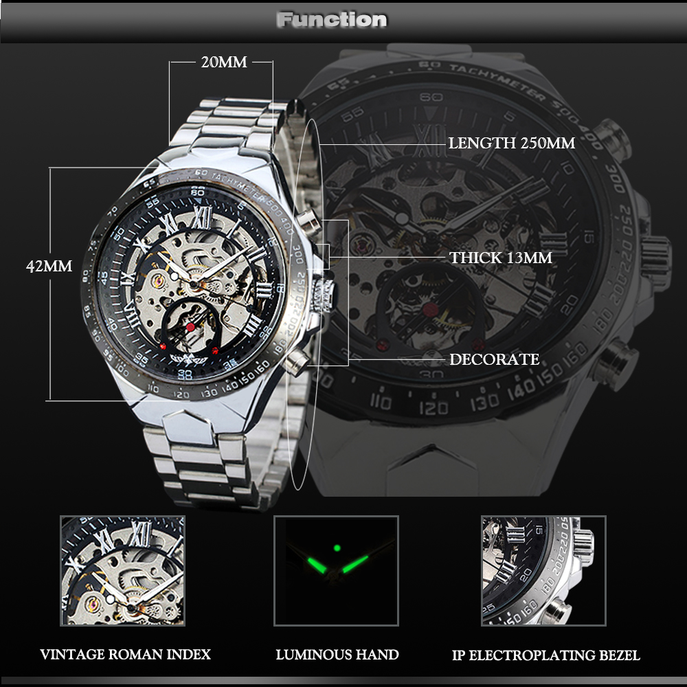 WN 005 WINNER Men Watch Cool Mechanical Automatic Wristwatch Stainless Steel Band Male Clock Skeleton Roman Dial