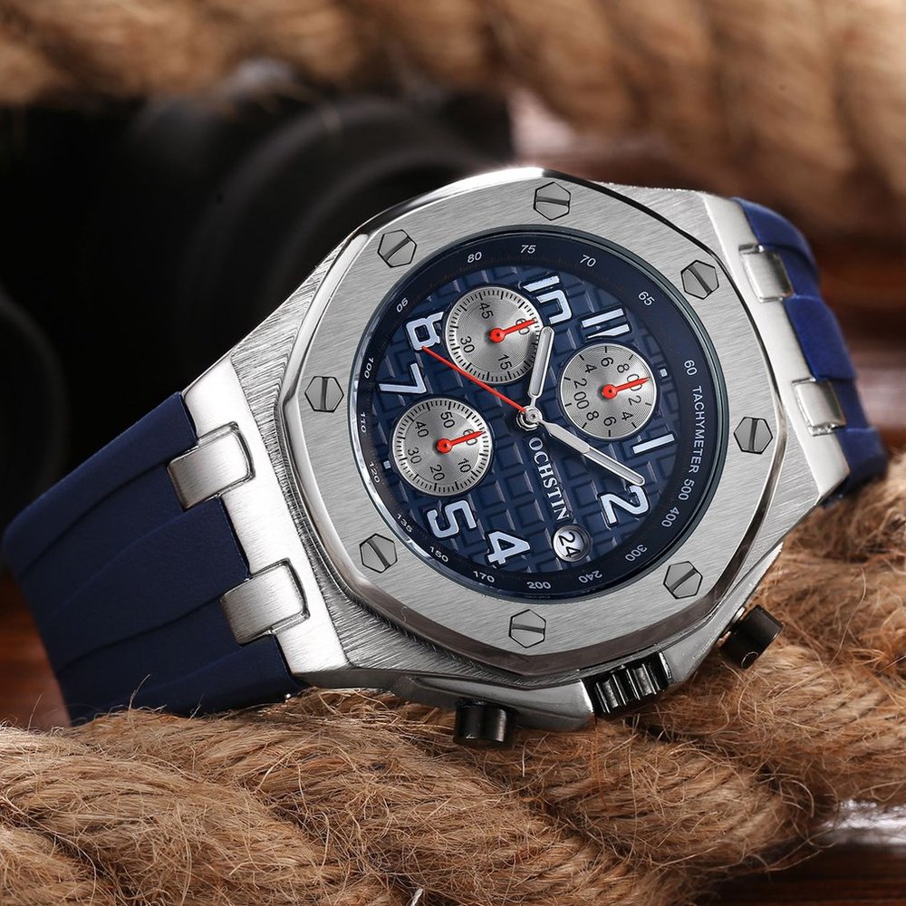 OCHSTIN BLUE Analog Quartz Watch Men Male Casual Fashion Sport Wristwatch Genuine Leather Strap Band Business Wrist Men Watch 6100