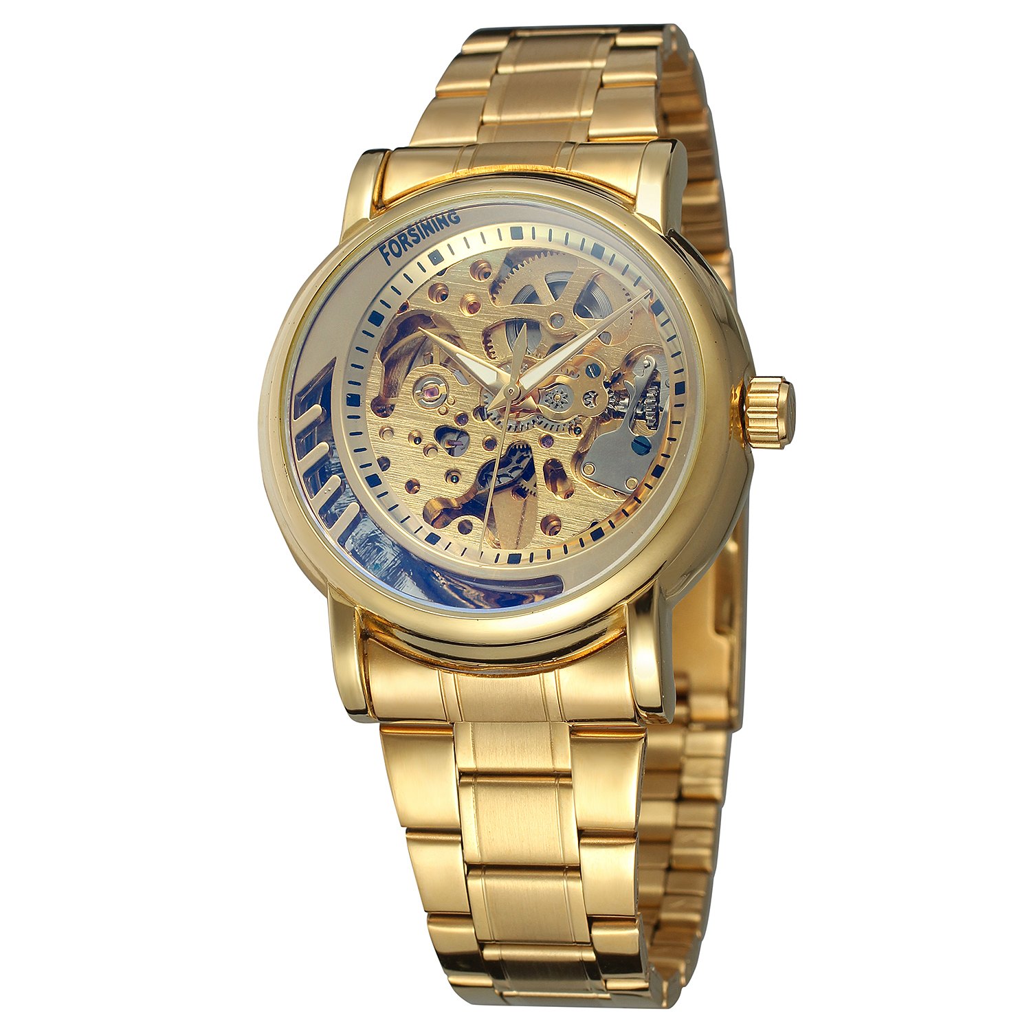 FRS 014 Forsining 3D Mechanical Skeleton Watch Clock New Series Hollow Full Golden@109 QAR