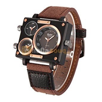 OM 003 Oulm Men Three Movt Quartz Watch Rectangle Dial Canvas + Leather Band Wristwatch