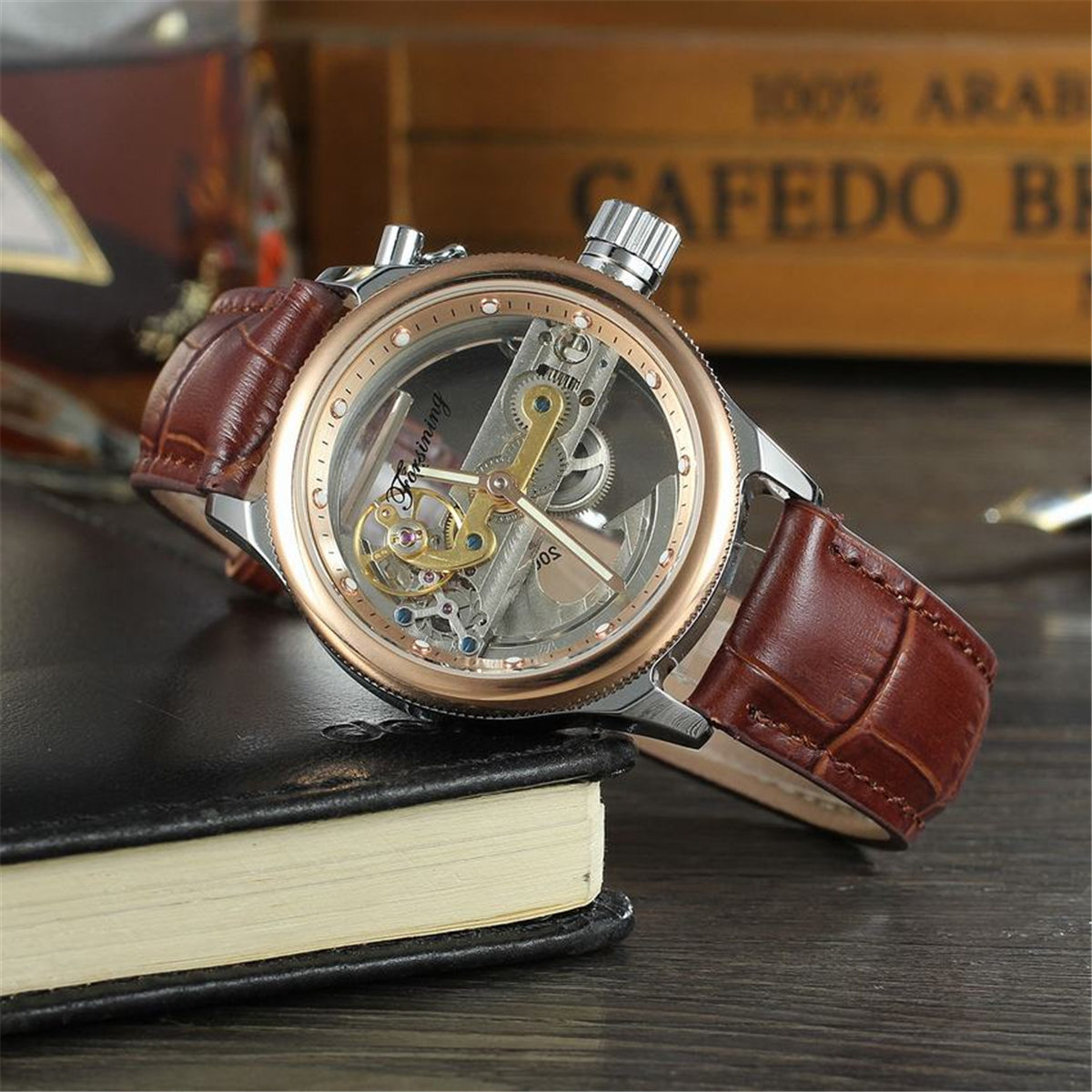 FRS 013 FORSINING Rose Gold Hollow Automatic Mechanical Watches Men Luxury Leather Strap Vintage Skeleton Watch