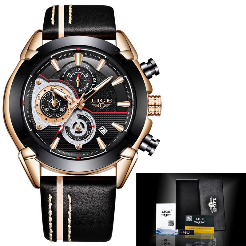 LIGE 9863 A LUXURY Business Casual Small Dial Calendar Steel Band Quartz Men Watch with Box- LEATHER WITH BLACK DIAL