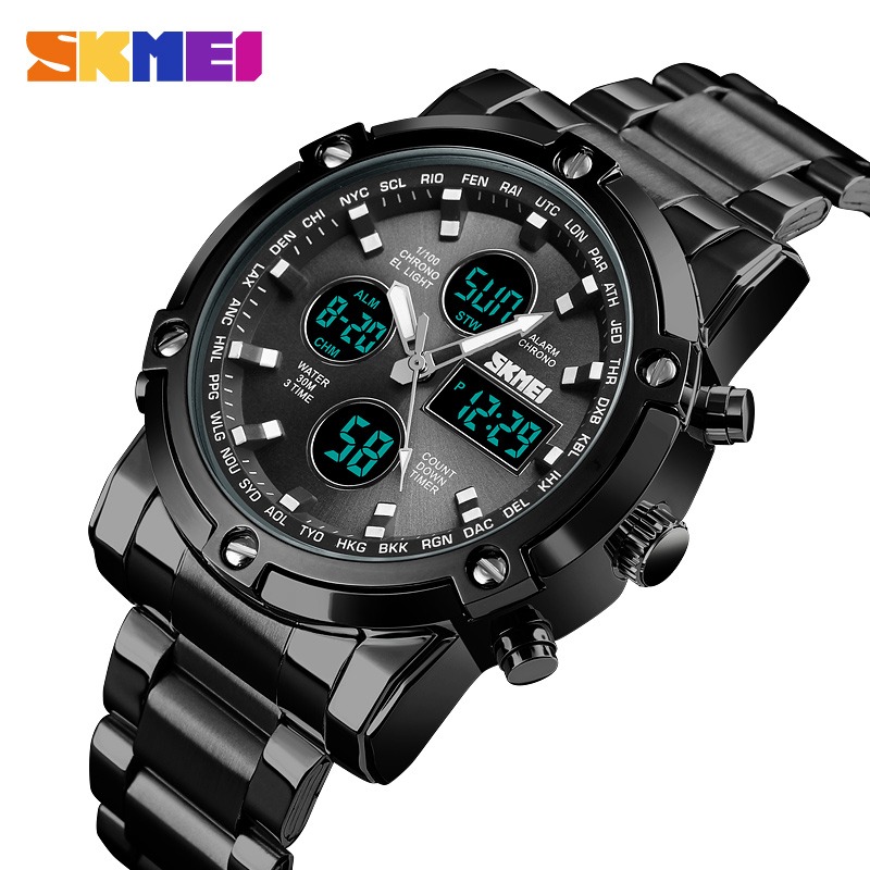 SKMEI SK 1389 High Quality Quartz Wristwatches Men Business Stainless Steel Watches Dual Display Luxury Military Watch-Silver Black