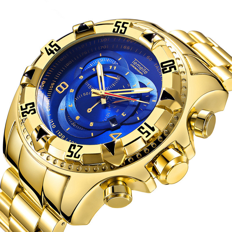 TE 001, TEMEITE Mens  Big Dial watch Luxury Gold Blue Full Steel Quartz