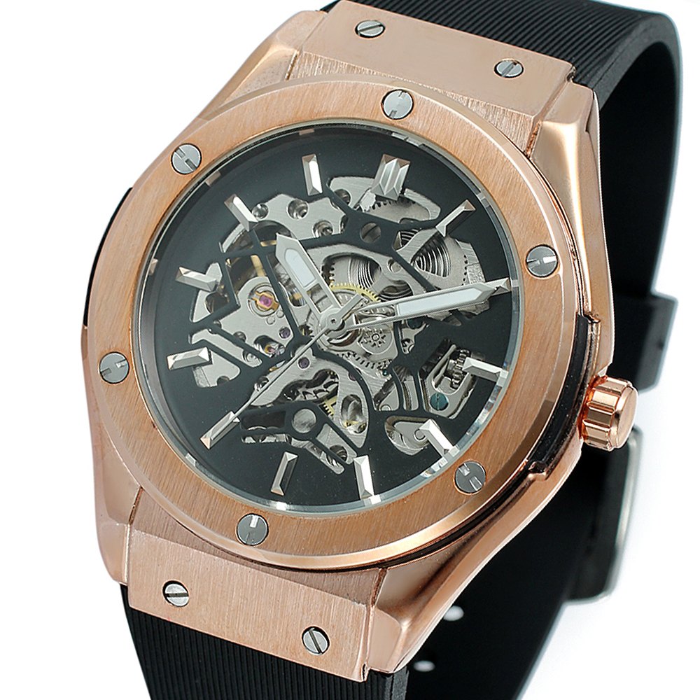 FRS 011 Luxury Mechanical Watches Mens Skeleton Silicone Rubber Strap Wristwatch Military Army Sport Brand Automatic Watch Rose Gold@139 QAR
