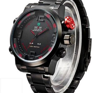 WEIDE LED Sports Watch Double Japan Movement with Waterproof Design Stainless Steel band – Black