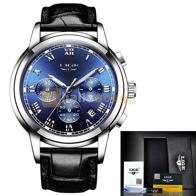 LIGE 9810 I Leisure Leather Band Quartz Movement Men Watch with Box-  BLACK LEATHER WITH BLUE DIAL