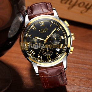 LIGE 9810 I Leisure Leather Band Quartz Movement Men Watch with Box-  BLACK LEATHER WITH BLUE DIAL