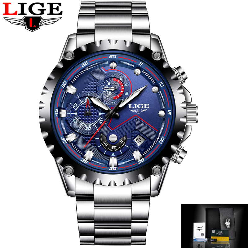 LIGE 9821 C LUXURY Business Casual Small Dial Calendar Steel Band Quartz Men Watch with Box- STEEL WITH BLUE DIAL