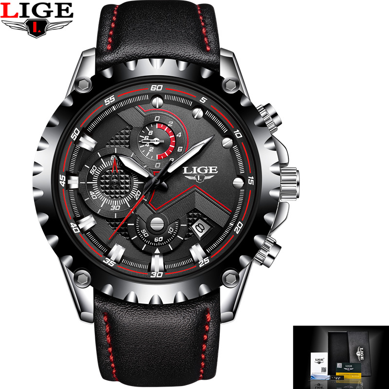 LIGE 9821 D LUXURY Business Casual Small Dial Calendar Steel Band Quartz Men Watch with Box- LEATHER WITH BLACK DIAL