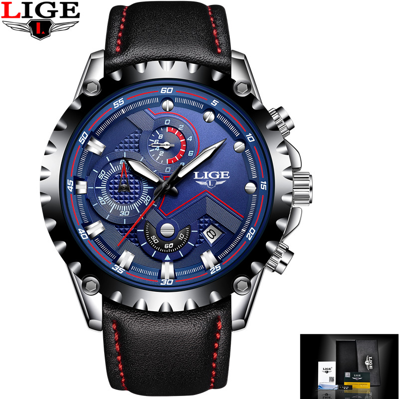 LIGE 9821 F LUXURY Business Casual Small Dial Calendar Steel Band Quartz Men Watch with Box- LEATHER WITH BLUE DIAL