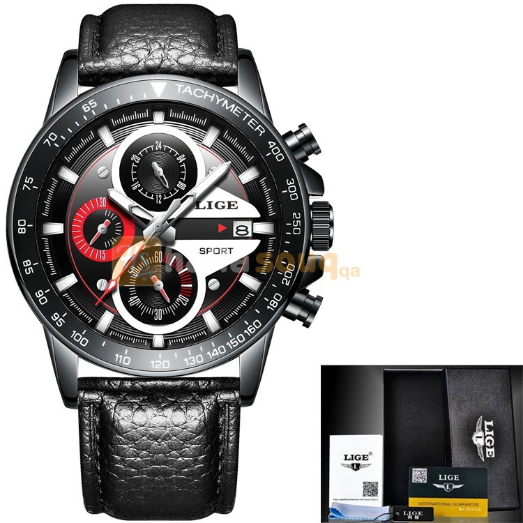 LIGE 9835 C LUXURY Business Casual Quartz Men Watch with Box- LEATHER WITH BLACK DIAL