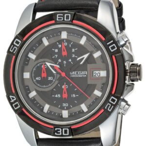 Megir Men's Black Chronograph Dial Leather Band Watch - M2023