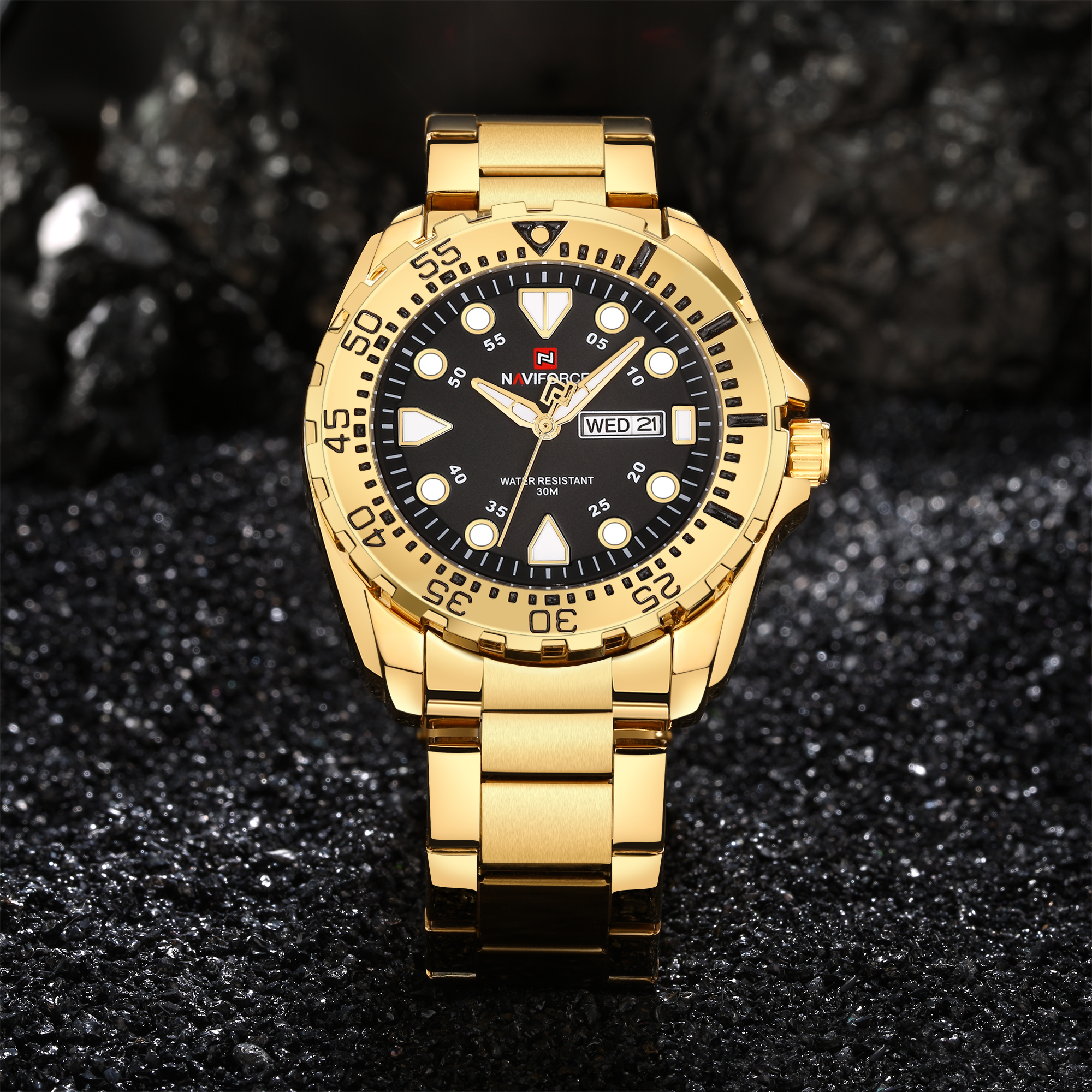 NAVIFORCE NF 9105 Men's Watch Waterproof  Analog Clock Full Stainless Steel Quartz Gold Black 001